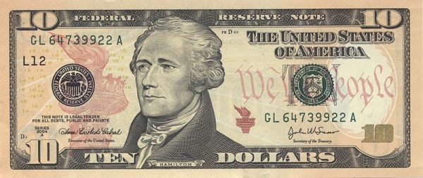 10 dollar bill back. Alexander Hamilton came from a